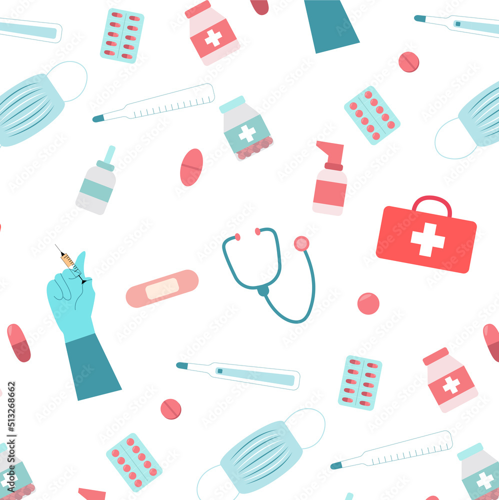 Medical seamless pattern, medical tools texture, healthcare background, doctor wallpapers: stethoscope, first aid box, syringe, pills, thermometer, spray, medical mask. Vector illustration flat
