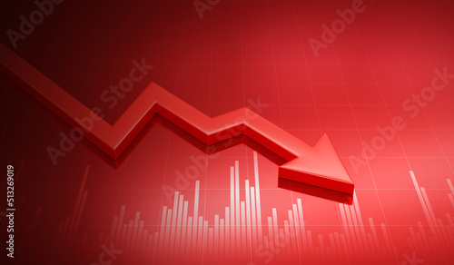 Financial crisis down 3d red arrow economy business graph on money crash market background with bankruptcy decrease bad finance chart diagram or loss investment economic recession sales and low price. photo