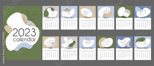 Abstract calendar for 2023 in vertical A4 format. Calendar in neutral natural colors with abstract spots and linear floral elements.12 months and cover. A place for notes. Week strats on Monday.