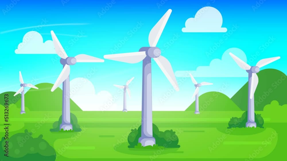 Wind turbines on green field with blue sky. Windmills for generating clean renewable energy for sustainable development. animation video Wind turbines on green field with blue sky. Windmills for generating clean renewable energy for sustainable development. animation video