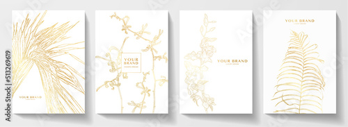 Floral cover design set with gold line pattern (orchid flower and palm leaf on white background). Minimal vector background pattern for tropical menu, elite summer sale, invitation template