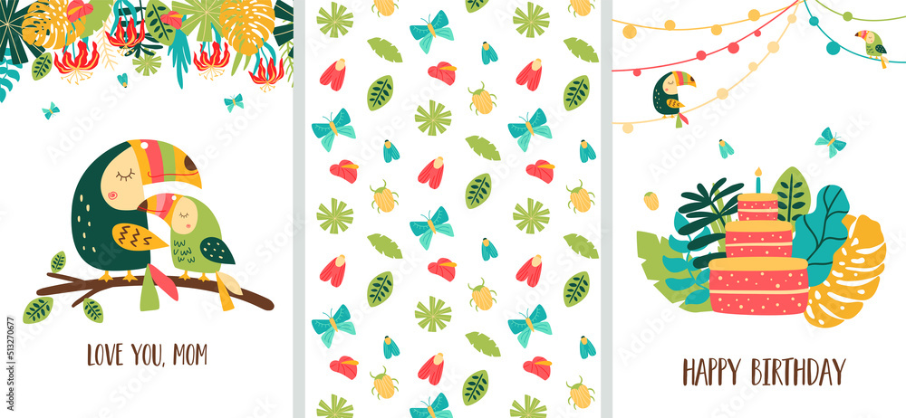 Wild birthday party cards set. Jungle party posters collection. Jungle party banners with toucans, birthday cake. Bright summer tropical posters. Mom and baby Vector illustration. Mothers birthday.