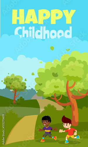 Happy Kids Playing Vacations Valley Cartoon illustration
