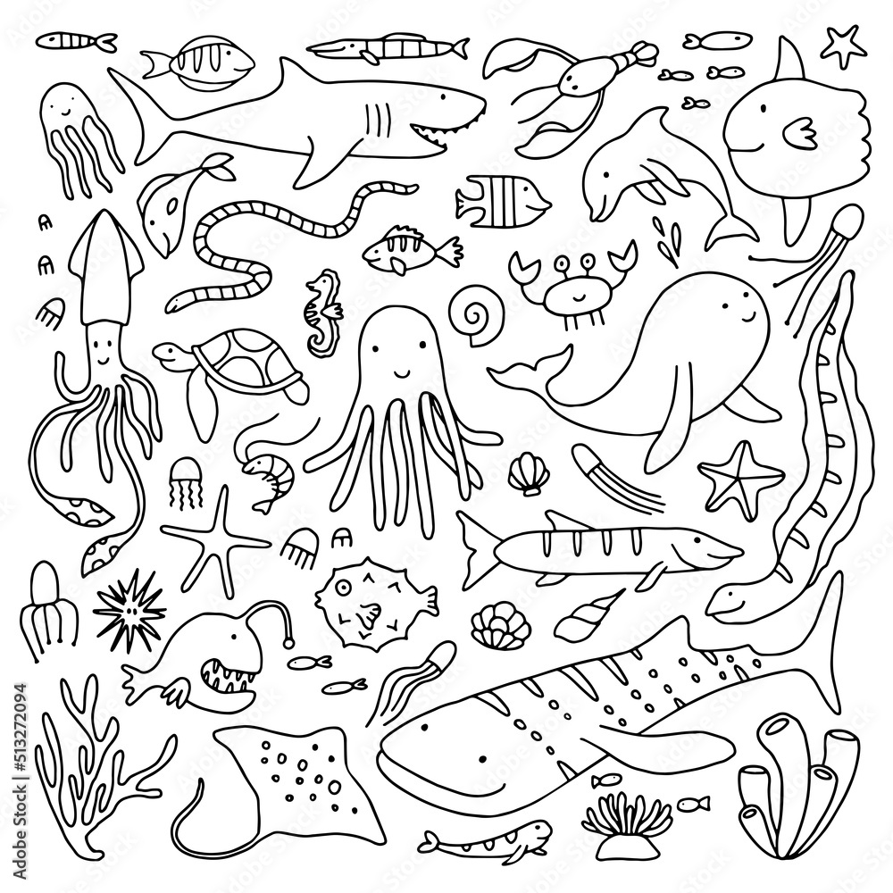 Vector set of isolated cartoon underwater animals. Doodle outline design. Vector set of isolated cartoon underwater animals. Doodle outline design.