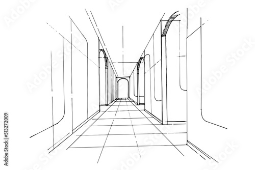 hallway line drawing, modern design, vector, 2d illustration