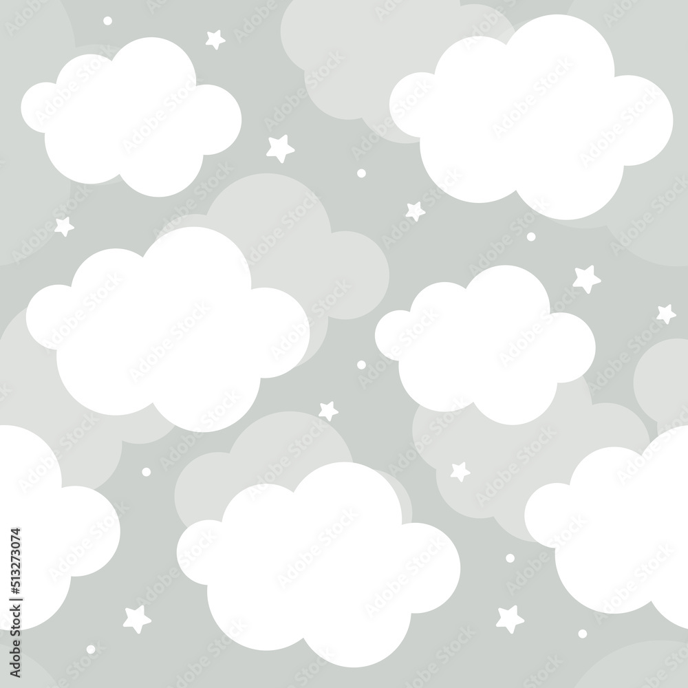 Vector hand drawn modern childrens wallpaper. Airy cute clouds and stars on a gray background. Seamless pattern. Scandinavian style. To decorate a child's room.