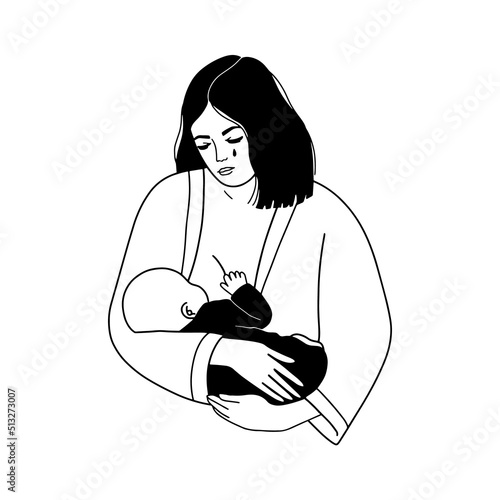 A crying tired woman is breastfeeding a baby. Postpartum  or postnatal depression, sadness. Psychological problems of motherhood. Vector illustration