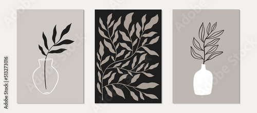 Floral wall art vector set. Plant branches and abstract shapes. Modern design, poster or postcard template. Botanical design. Vector illustration.