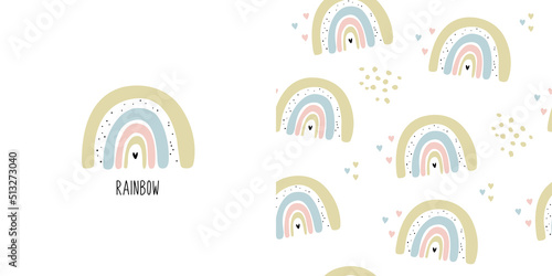 Fototapeta Naklejka Na Ścianę i Meble -  Seamless pattern and poster with a rainbow. Vector hand drawn in doodle style. For children's wallpapers, baby clothes, textiles.