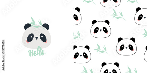 Fototapeta Naklejka Na Ścianę i Meble -  Vector hand drawn panda and bamboo poster set. Print for children's wallpapers, baby clothes, textiles.