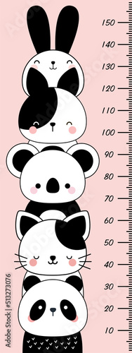 Height meter with animals. Cute hand drawn animals in doodle style. Dog, panda, cat, koala and rabbit. Check your baby's height. photo