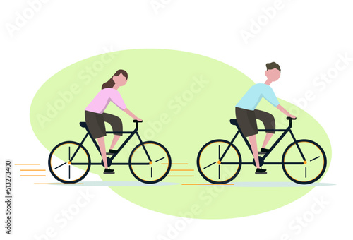 Man and woman rides sport bicycle. Cycling on the road. Vector illustration