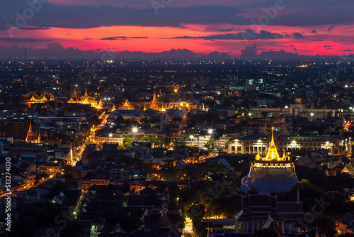 Bangkok Cityscape at Twilight, The Golden Mountain of Thailand(Wat Sraket, Bangkok)