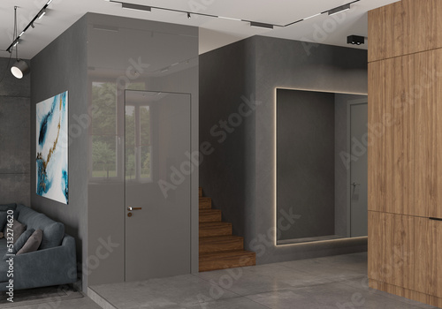 3d illustration. The interior of kitchen-living room in private house, granite floor, concrete wall, wood-concrete furniture. Picture on the wall. TV area with sofa. Curtains on the windows. 3D render