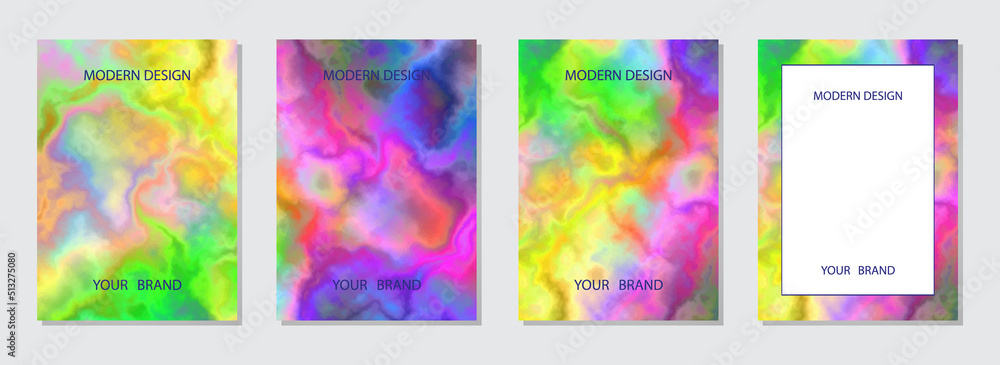 A set of bright watercolor backgrounds with stains and streaks, unique grunge marble texture. Collection of vertical templates. Interesting idea for brochure cover template, poster, booklet, presentat