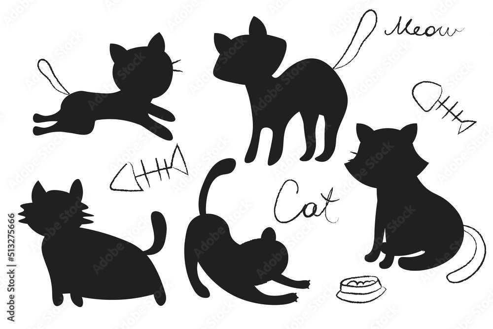 Set of black cats silhouettes isolated on white background. Vector illustration, icon, clip art. EPS