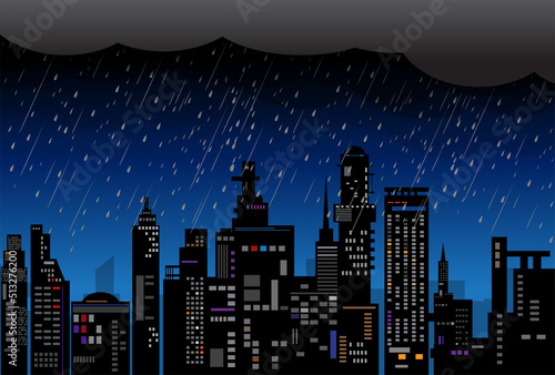 rain in the city, Heavy rain in dark sky, rainy season, clouds and storm, vector illustration.