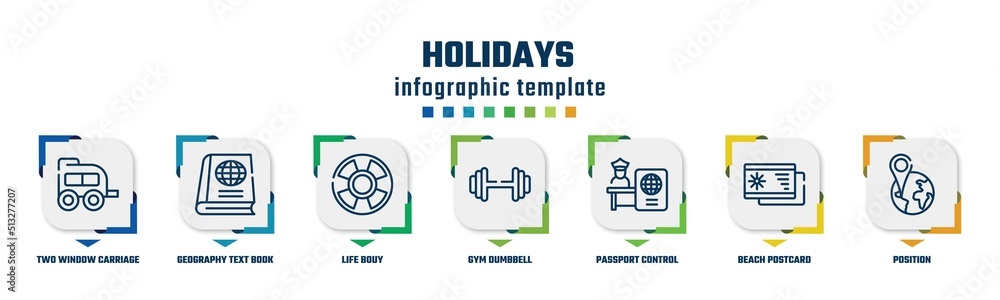 holidays concept infographic design template. included two window carriage, geography text book, life bouy, gym dumbbell, passport control, beach postcard, position icons and 7 option or steps.