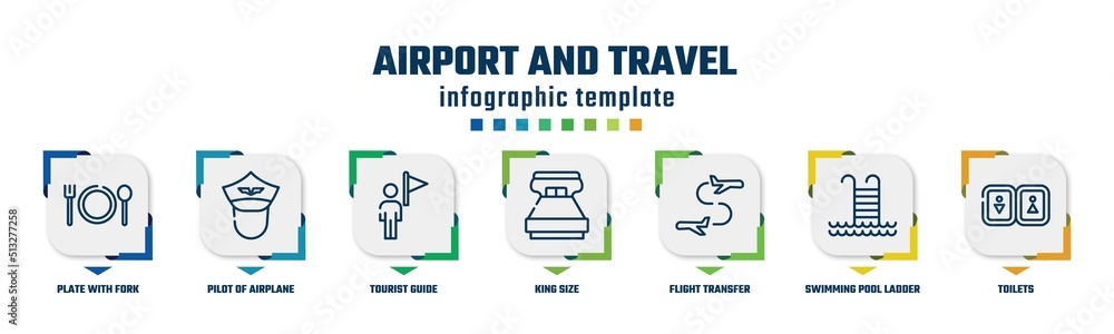 airport and travel concept infographic design template. included plate with fork and knife cross, pilot of airplane, tourist guide, king size, flight transfer, swimming pool ladder, toilets icons