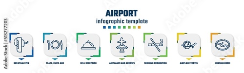 airport concept infographic design template. included breathalyzer, plate, knife and fork, bell reception, airplanes and arrows, smoking prohibition, airplane travel around the world, nursing room