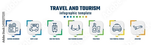 travel and tourism concept infographic design template. included camera recorder, rent a car, bag for travel, old fashion glasses, toiletries, taxi frontal vehicle, aviation icons and 7 option or