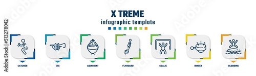 x treme concept infographic design template. included catcher, ets, asian hat, flyboard, goalie, ringer, blobbing icons and 7 option or steps.