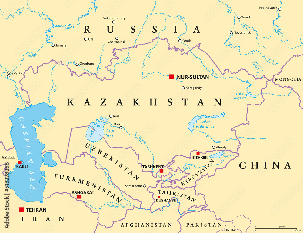 Central Asia, political map with capitals. Subregion of Asia, consisting of former Soviet republics stretching from Caspian Sea to China and Mongolia, and from Afghanistan and Iran to south of Russia.