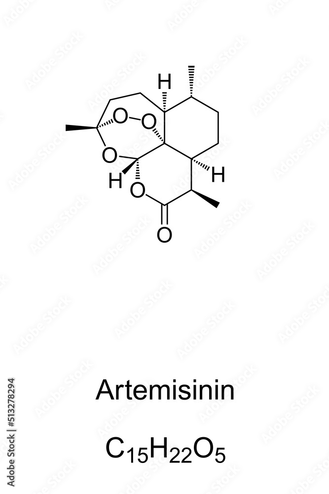Artemisinin, chemical formula and structure. Drug, extracted from sweet wormwood, Artemisia annua, a herb employed in Traditional Chinese Medicine. Treatment of malarial and parasitic worm infections. Artemisinin, chemical formula and structure. Drug, extracted from sweet wormwood, Artemisia annua, a herb employed in Traditional Chinese Medicine. Treatment of malarial and parasitic worm infections.