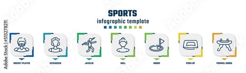 sports concept infographic design template. included hockey player, kickboxer, javelin, null, birdie, push up, pommel horse icons and 7 option or steps.