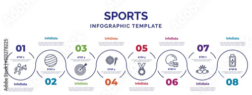 infographic template with icons and 8 options or steps. infographic for sports concept. included waiter falling, bullseye, dartboard with dart, golden medal, baseball helmet, two boxing gloves,