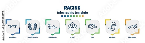 racing concept infographic design template. included longboard, laurel wreath, kart racing, m leaf, visor, armband, drag racing icons and 7 option or steps.