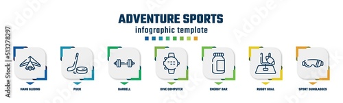 adventure sports concept infographic design template. included hang gliding, puck, barbell, dive computer, energy bar, rugby goal, sport sunglasses icons and 7 option or steps.