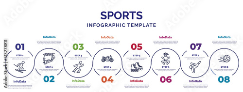 infographic template with icons and 8 options or steps. infographic for sports concept. included slalom, ice skating man, motor sports, roller skate, wushu, breakdance, volleyball ball icons.