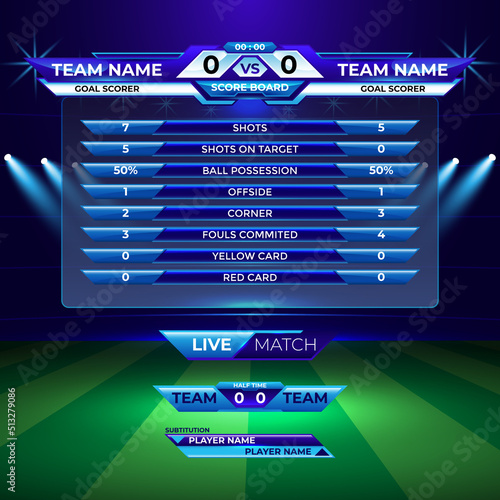 Scoreboard broadcast statistic for soccer football league world tournament with stadium background