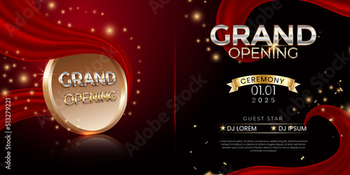 Grand Opening ceremony Banner with red silk, confetti, ribbon cutting and golden glitters