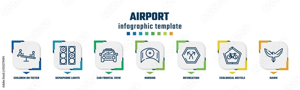 airport concept infographic design template. included children on teeter totter, semaphore lights, car frontal view, nursing, bifurcation, ecological bicycle transport, hawk icons and 7 option or airport concept infographic design template. included children on teeter totter, semaphore lights, car frontal view, nursing, bifurcation, ecological bicycle transport, hawk icons and 7 option or
