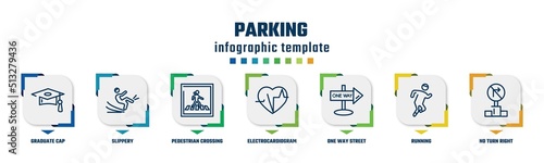 parking concept infographic design template. included graduate cap, slippery, pedestrian crossing, electrocardiogram inside heart, one way street, running, no turn right icons and 7 option or steps.