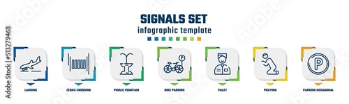 signals set concept infographic design template. included landing, zebra crossing, public fountain, bike parking, valet, praying, parking hexagonal icons and 7 option or steps.