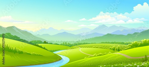A landscape of big meadows, green hillocks, mountains, and a river stream.