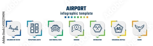 airport concept infographic design template. included children on teeter totter, semaphore lights, car frontal view, nursing, bifurcation, ecological bicycle transport, hawk icons and 7 option or