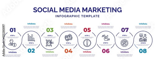 infographic template with icons and 8 options or steps. infographic for social media marketing concept. included user warning, post stamp, photos, importance, rocker, development, mass media icons.