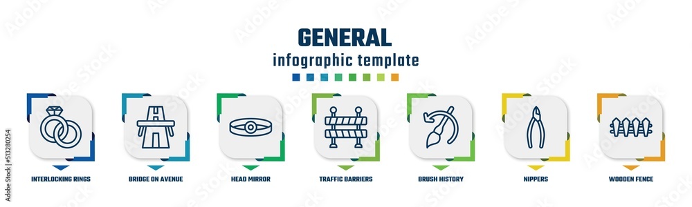 general concept infographic design template. included interlocking rings, bridge on avenue perspective, head mirror, traffic barriers, brush history, nippers, wooden fence icons and 7 option or general concept infographic design template. included interlocking rings, bridge on avenue perspective, head mirror, traffic barriers, brush history, nippers, wooden fence icons and 7 option or