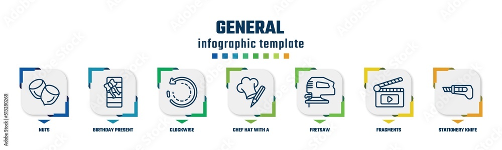 general concept infographic design template. included nuts, birthday present, clockwise, chef hat with a pencil, fretsaw, fragments, stationery knife icons and 7 option or steps.