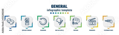 general concept infographic design template. included nuts, birthday present, clockwise, chef hat with a pencil, fretsaw, fragments, stationery knife icons and 7 option or steps.