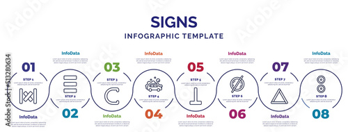 infographic template with icons and 8 options or steps. infographic for signs concept. included absolute, is a sub of, carwash, perpendicular, empty, triangles, reason icons.