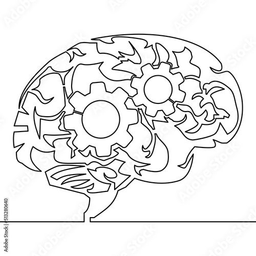 Continuous line drawing metal round wheel gear inside human brain icon vector illustration concept