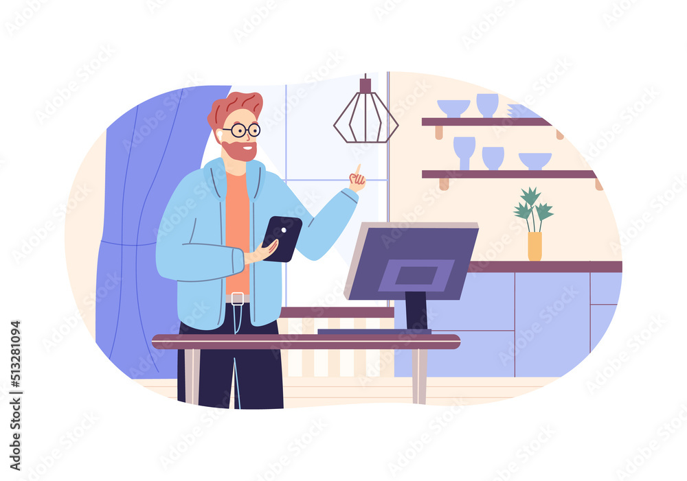Businessman working on computer pointing up his index finger and giving advice Businessman working on computer pointing up his index finger and giving advice