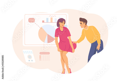 Lustful businessman harassing shocked female coworker in office
