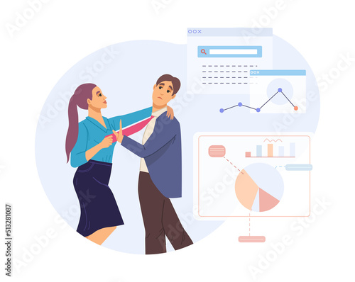 Young business woman pulling assistant man to his tie