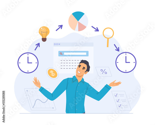 Businessman explaining with both hands raised and business icons over his head